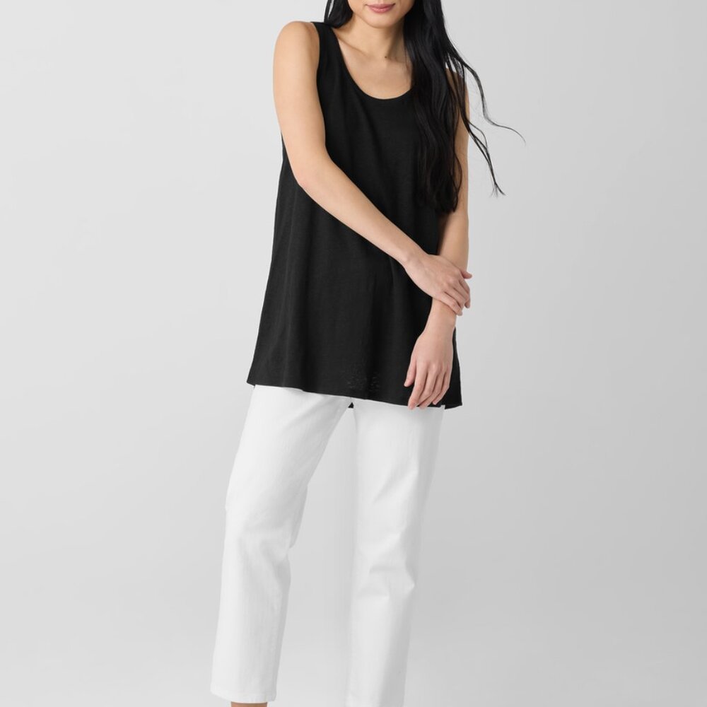 Eileen Fisher Black Organic Linen Jersey Long Tank Scoop Neck Women's Size L - Picture 2 of 10